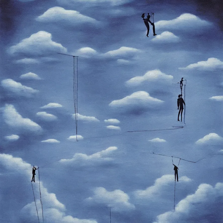 Image similar to surrealist artwork about following a tightrope artist who walks among clouds and falls down a city of illusions '. blue indigo colour scheme