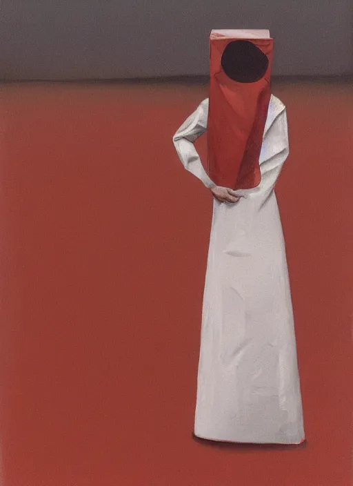 Image similar to woman in VR helmet made of paper bag, dressed in transparent red plastic bags, on flooded street Edward Hopper and James Gilleard, Zdzislaw Beksinski, highly detailed