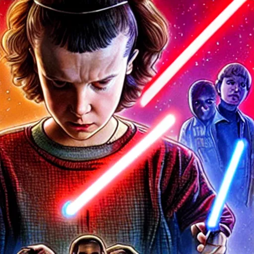 Prompt: a still of eleven from stranger things in star wars: revenge of the sith, holding an activated lightsaber