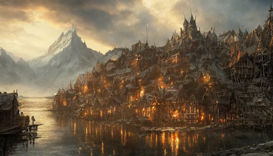 Prompt: a beautiful photo realistic still image of laketown from the movie the hobbit, warm colors, very high details by greg rutkowski, trending on artstation, masterpiece,