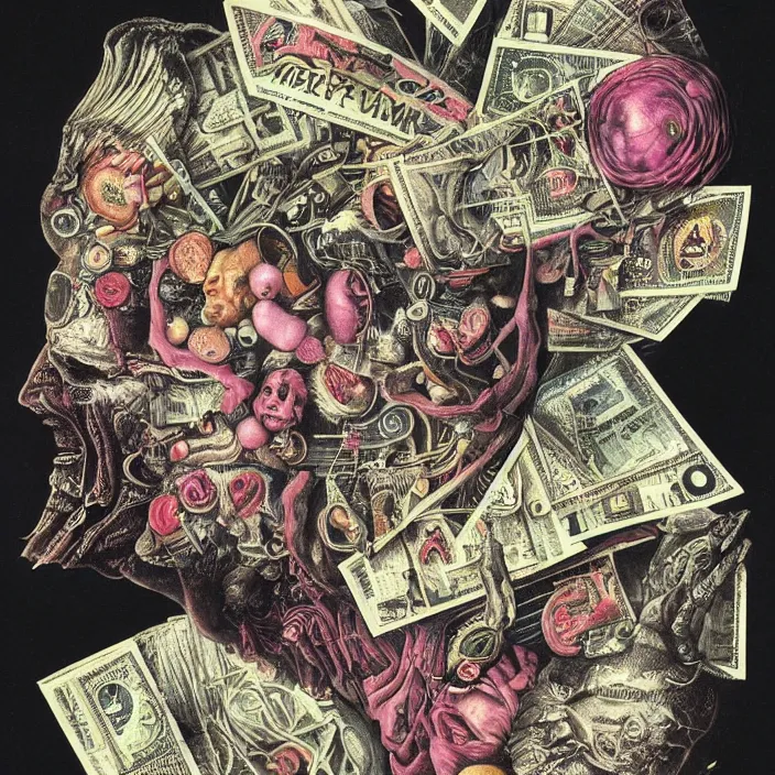 Image similar to post - punk new age album cover, asymmetrical design, dollar bank notes, capitalism, magic, apocalypse, psychedelic, black white pink, highly detailed, magic, giger h. r., giuseppe arcimboldo