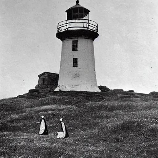 Image similar to worshippers dressed in robes belonging to the cult of the lighthouse. Dilapidated 1800s lighthouse. Unnaturally tall lighthouse. Beacons of light. 1800s photo.