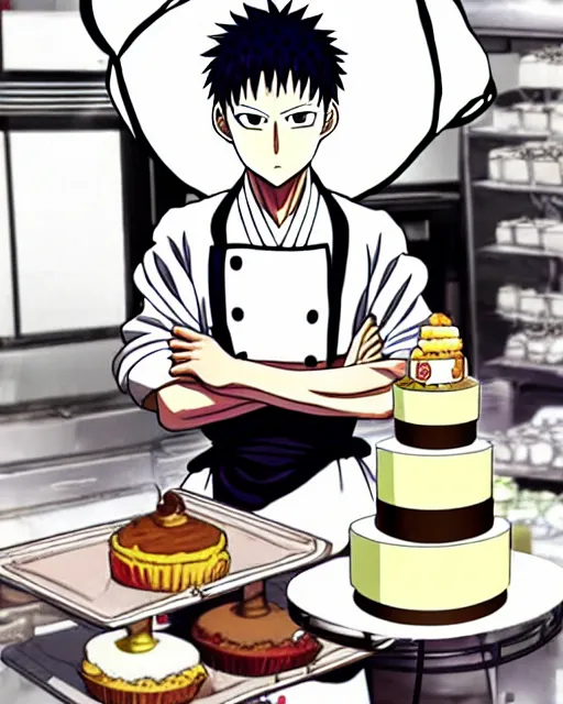 Image similar to chef saitama one punch man, dressed as a pastry chef, fiercely focused at making a cake, beautiful anime artwork