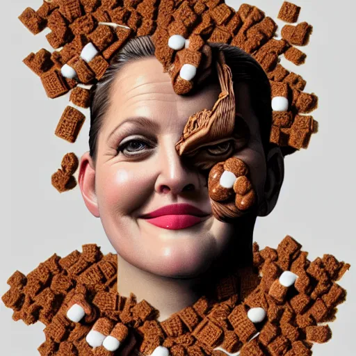 Image similar to drew barrymore in a smore, chocolate, marshmallow graham cracker, bionix scifi alexandre ferra, digital painting by arcimboldo