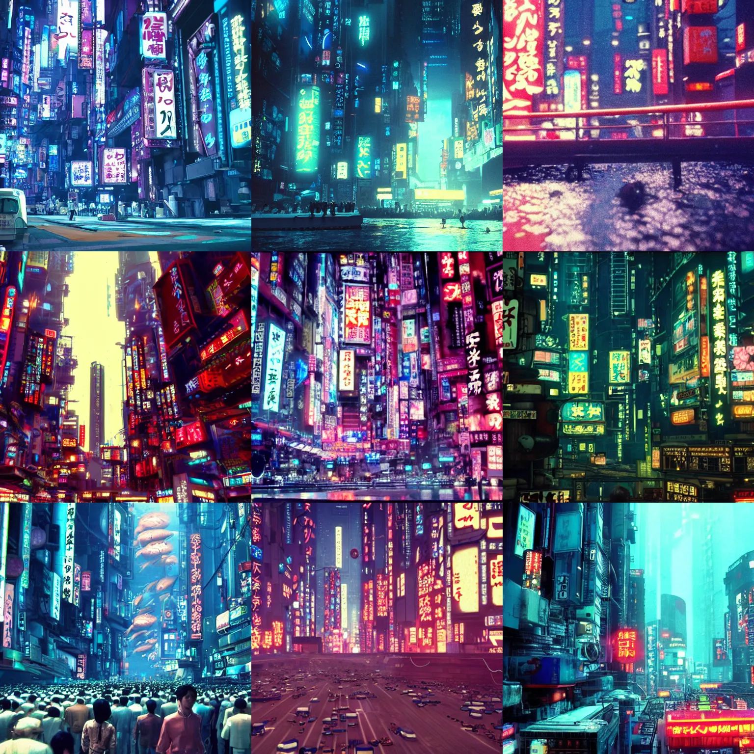 Prompt: dreamy film still of cyberpunk tokyo, crowds of aliens, at the bottom of the ocean