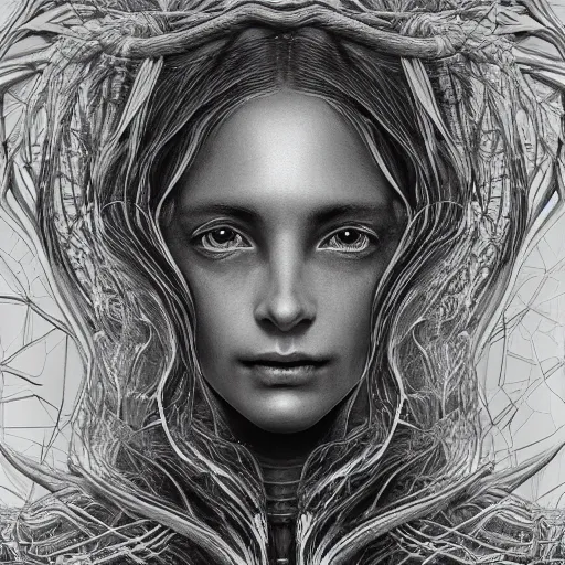 Image similar to hyper detailed bw linear pencil drawing, woman portrait, organic symmetric shapes by ernst haeckel, unreal engine