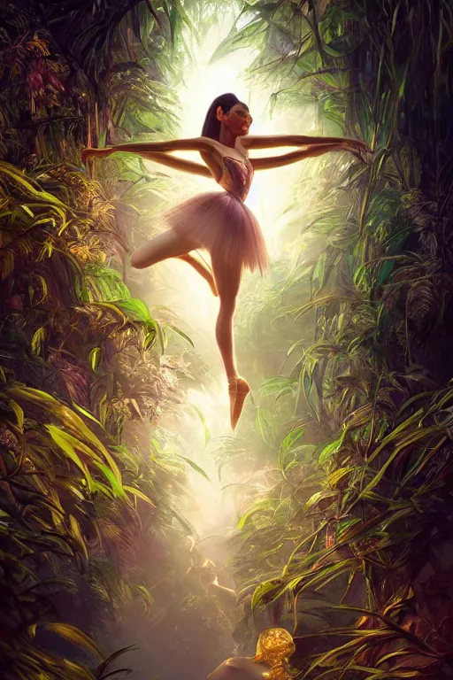 Prompt: stunningly beautiful, cyber prima ballerina in jungle, symmetrical face, golden hour, smooth, focus, highly detailed, hyper realistic, dramatic lighting, elegant, intricate, concept art, art by wlop, mars ravelo, greg rutowski, artstation
