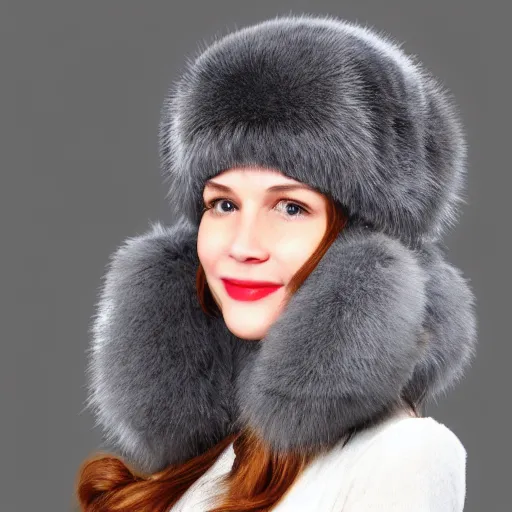 Prompt: gray fur hat soviet russian winter fur cap with earflaps ushanka