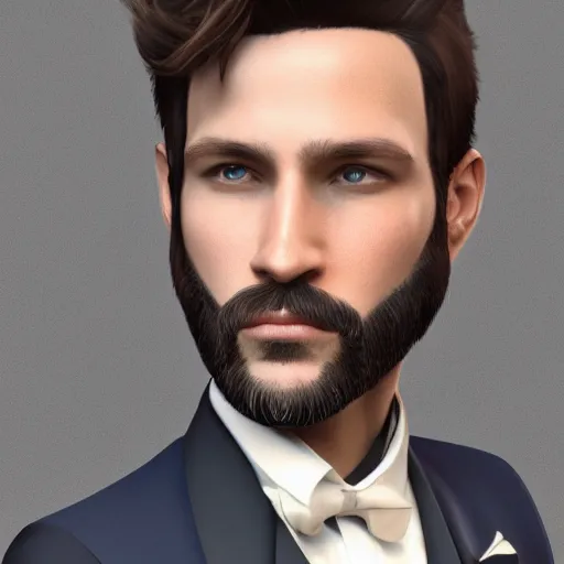 Image similar to a highly detailed portrait of a man, with a brown short beard and short hair, blue eyes, wearing a tuxedo, artstation, deviantart, professional, unreal engine 5, photorealistic