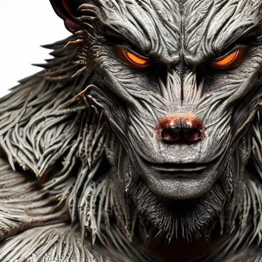 Prompt: photo taken of an epic intricate, ultra detailed, super realistic gritty, terrifying, lifelike bust sculpture of a werewolf creature design, created by weta workshop, zoomed in shots, photorealistic, sharp focus, white wall coloured workshop, cold colour temperture, f 0. 4, face centred