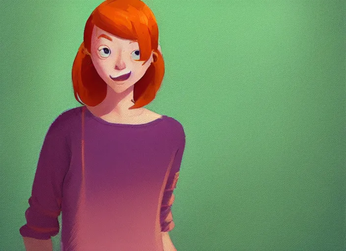 Image similar to portrait of a beautiful smiling girl with orange hair and freckles, green eyes, highly detailed, digital painting, concept art, smooth, sharp, focus, background is purple, digital painting, artstation, highly detailed, by makoto shinkai and thomas kindle and James gilleard