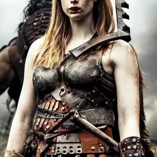 Image similar to deborah ann woll as a barbarian warrior in a dystopian future battleground