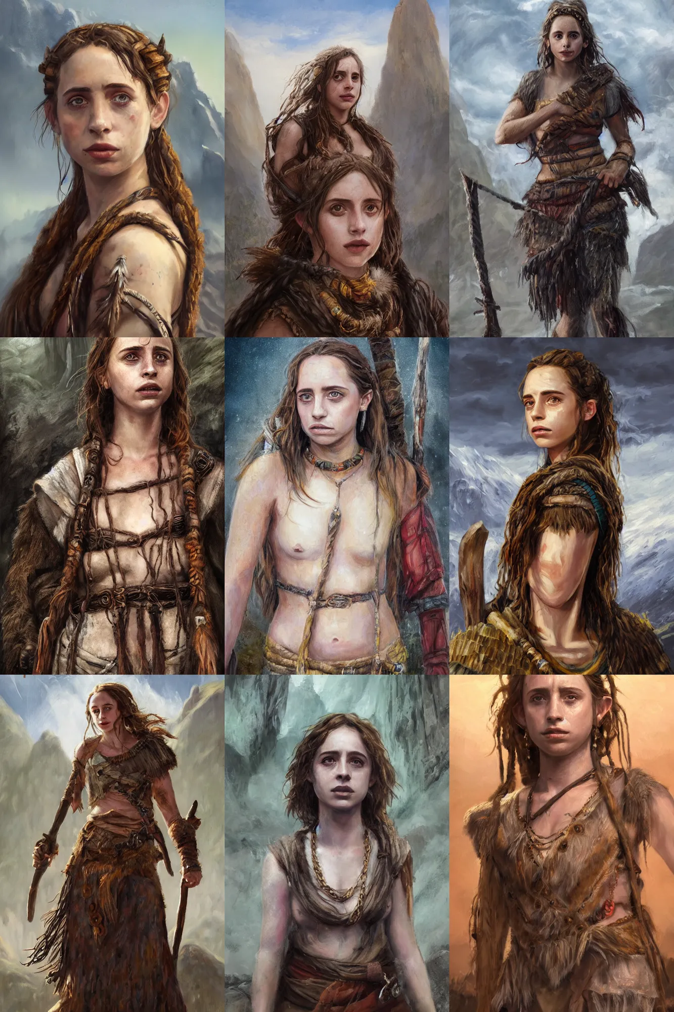 Prompt: a full body high detail fantasy portrait oil painting illustration of beautiful maya hawke as a rugged stoic barbarian woman by justin sweet with face and body clearly visible, in a scenic background, pupils visible, realistic proportions, d & d, rpg, forgotten realms, artstation trending, high quality, sombre mood, artstation trending, muted colours, entire person visible!, natural light,