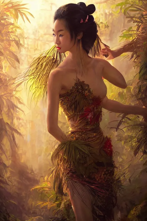 Image similar to stunningly beautiful, filipina geisha prima ballerina in jungle, symmetrical face, golden hour, smooth, focus, highly detailed, hyper realistic, dramatic lighting, elegant, intricate, concept art, art by wlop, mars ravelo, greg rutowski, artstation