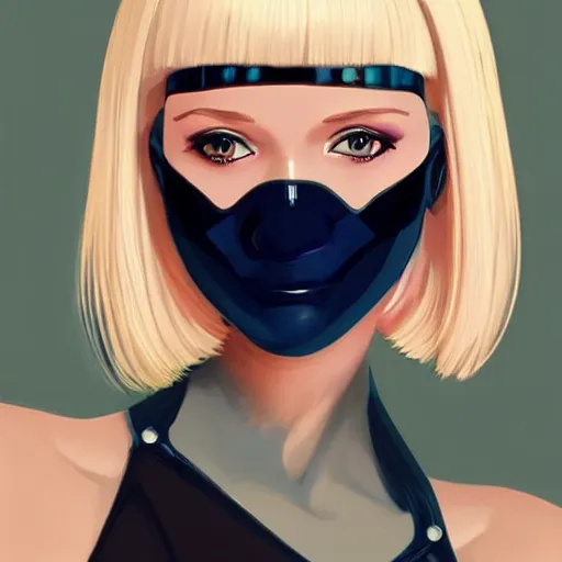 Image similar to android robot woman face painting, black facemask, blond bob haircut, beautiful detailed blue eyes, looking straight to camera, muted colors, matte print, pastel colors, ornate, digital art, cute smile, winning artwork, digital painting, professional art, elegant, by Ilya Kuvshinov, by artgerm