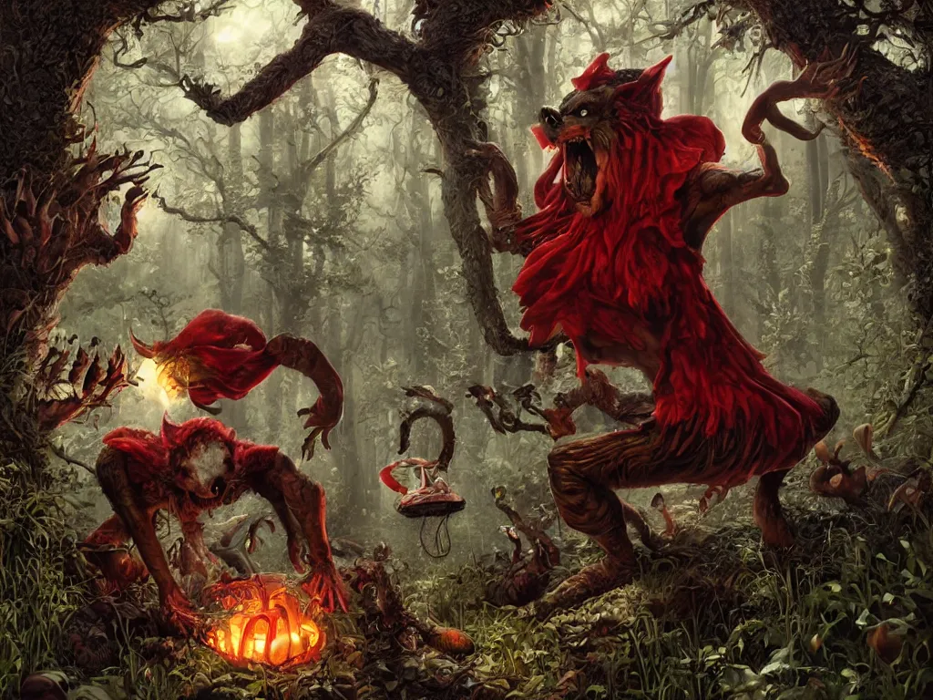 Prompt: Drunk mad mushroom-werewolf engaged in the social adaptation of little red riding hood. Photorealistic, lifelike, Unreal Engine, sharp, detailed, 8K, by Gerald Brom, Dan Mumford, Stephan Martiniere