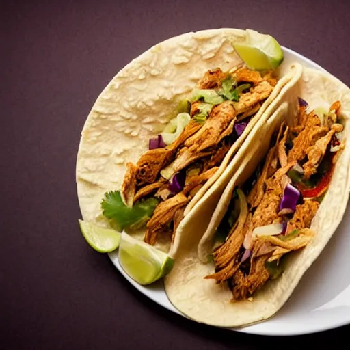 Prompt: delicious chicken taco with nothing but the tortilla and the chicken, 8 k, mega high quality, professional food photography, award winning photo, foodporn