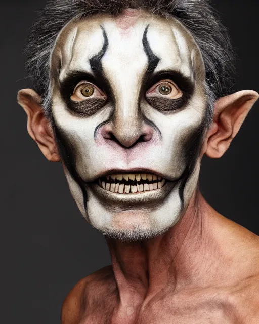 Image similar to Mauricio Macri in Elaborate Pan Satyr Goat Man Makeup and prosthetics designed by Rick Baker, Hyperreal, Head Shots Photographed in the Style of Annie Leibovitz, Studio Lighting