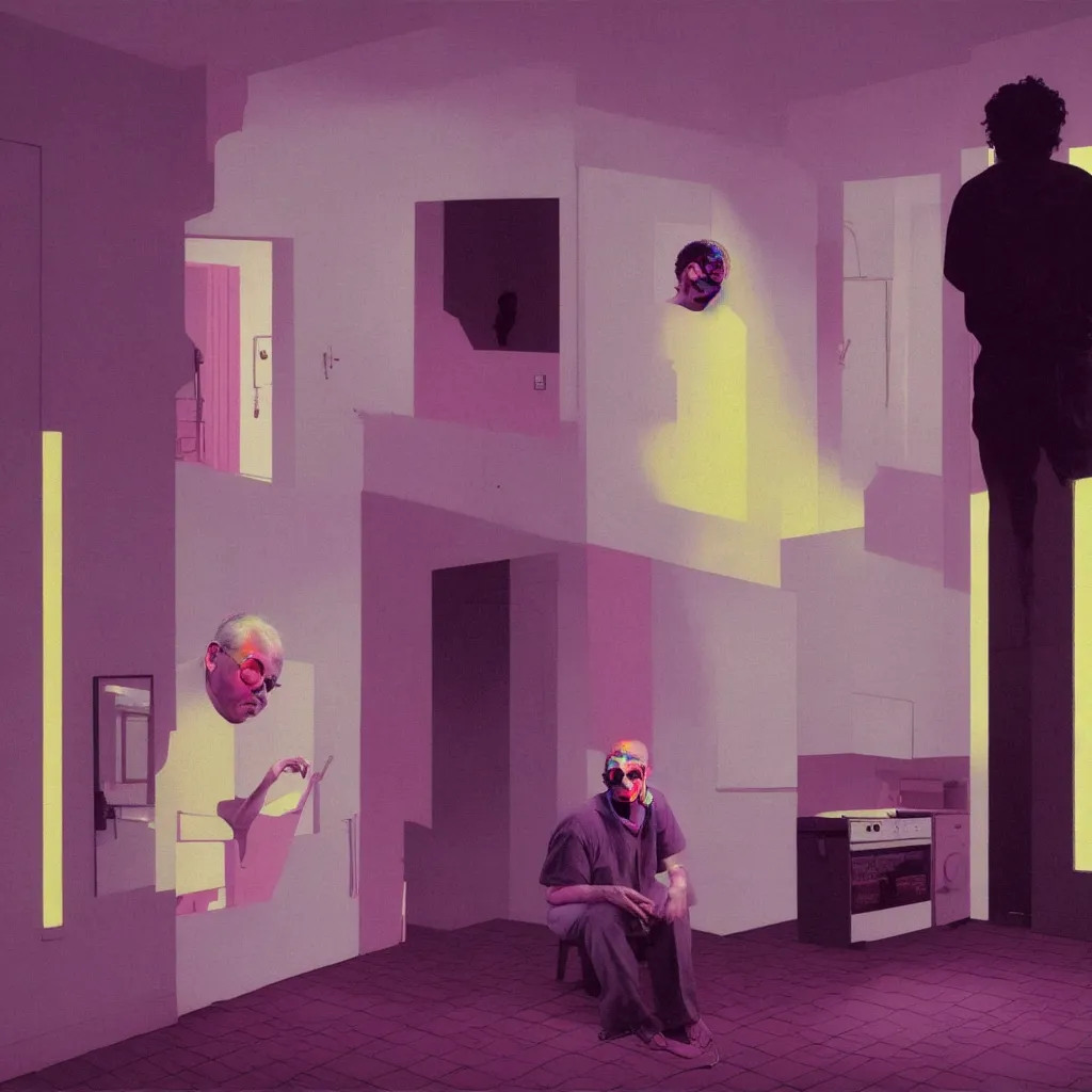 Prompt: weird and disturbing portrait of todd solondz standing alone in an empty appartment, vivid colors, neon, art by gregory crewdson, ( ( ( kuvshinov ilya ) ) ) and wayne barlowe and francis bacon and artgerm and wlop and william - adolphe bouguereau