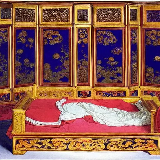 Image similar to the ornate bedchamber of a chinese princess, with screens and silks, by frederic leighton