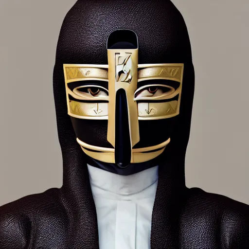 Image similar to portrait of masked dune dynasty with louis vuitton clothes, white background, louis vuitton logo, 8 k, symmetrical, 3 d render, octane render, insane details