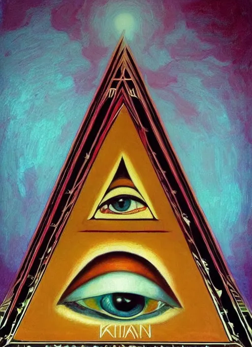 Image similar to illuminati pyramid with an eye floating on top of it, symmetric aesthetic figure, pastel colors, hyper detailed 8k realistic painting by Hilma At Klint, trending on artstation