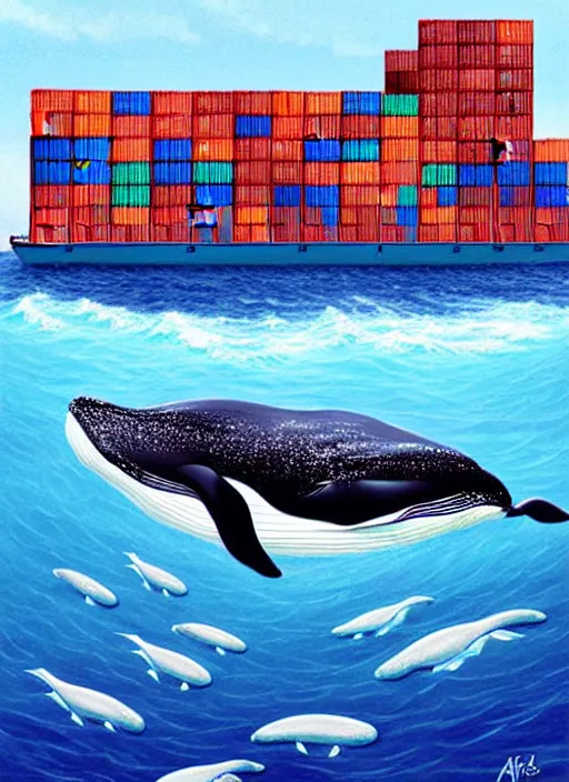 Image similar to a happy whale in front of a huge stack of containers at the port, intricate details, digital art by artgerm