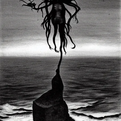 Prompt: A beautiful installation art of a human-like creature with long, stringy hair. The figure has no eyes, only a mouth with long, sharp teeth. The creature is standing on a cliff overlooking a dark, foreboding sea. by Walter Percy Day, by Norman Ackroyd balmy