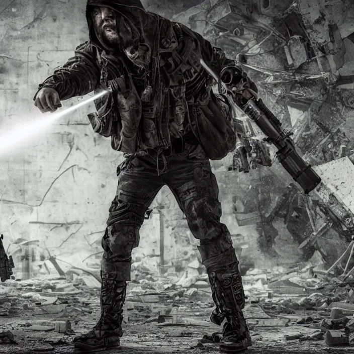 Prompt: gritty hooded apocalyptic man firing laser in destroyed airport, hyper - detailed, smooth, sharp focus, 4 k ultra hd, fantasy dark art, apocalyptic art