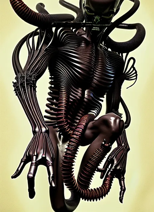 Image similar to ultra realistic, male human xenomorph, dracula, goth, tattoos, leather, fantasy, flesh, bone, body horror, intricate details, eerie, highly detailed, octane render, 8 k, art by artgerm and alphonse mucha and greg rutkowski