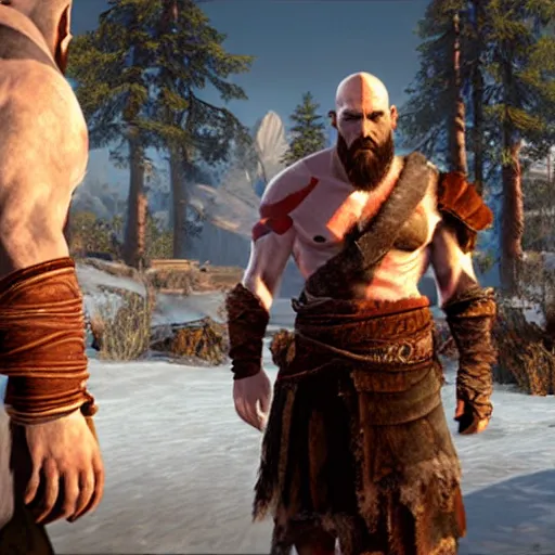 Prompt: screenshot of the game God of War with Kratos and walter white