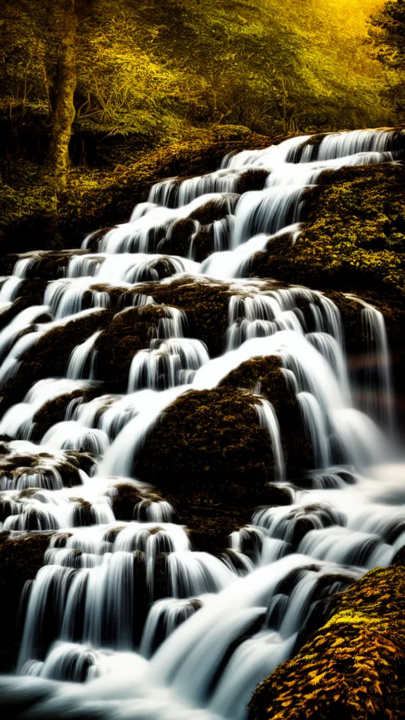 Prompt: a beautiful waterfall landscape, dramatic clouds, volumetric light, highly detailed, very sharp, award winning photography, highly realistic