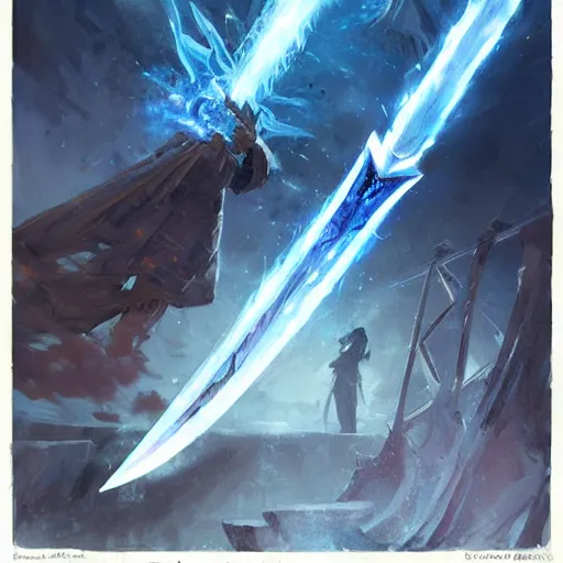 Image similar to showcase of a fantasy greatsword glowing with blue magical power, art by greg rutkowski