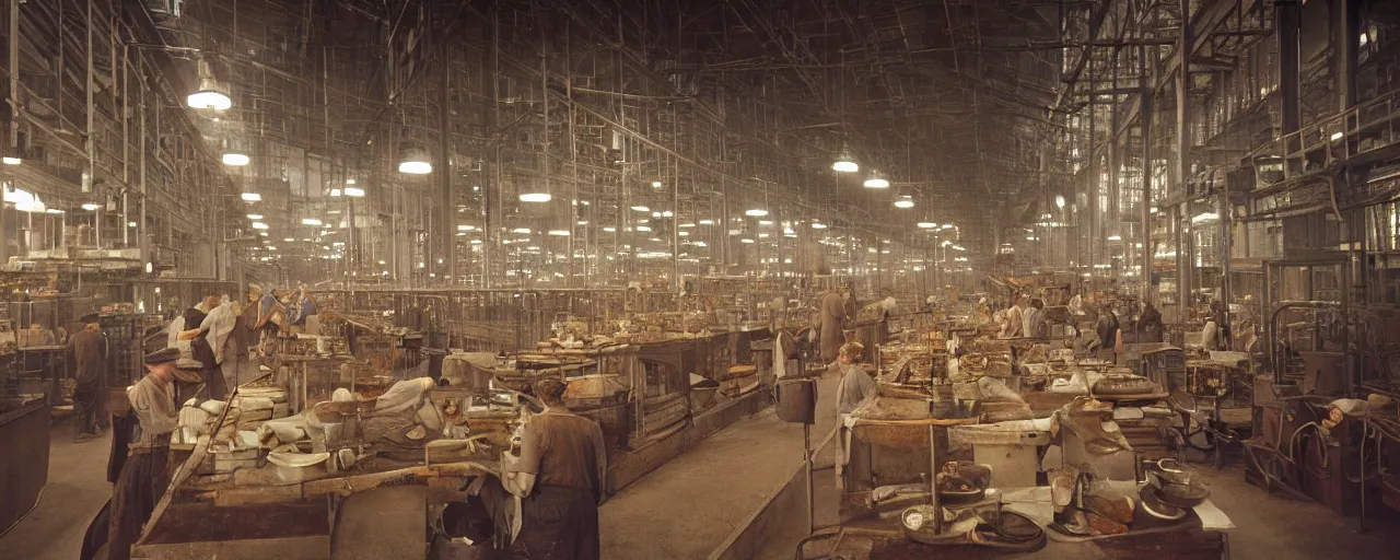 Image similar to spaghetti in a 1 9 2 0's industrial factory, steam, national geographic, detailed, canon 2 0 mm, wes anderson, kodachrome