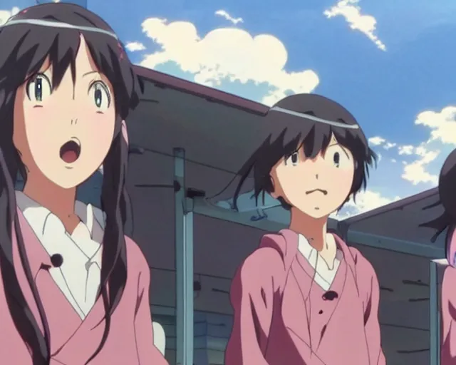 Prompt: three pretty!!!! anime women looking disgustedly!!!!! at the viewer, by makoto shinkai, studio ghibli