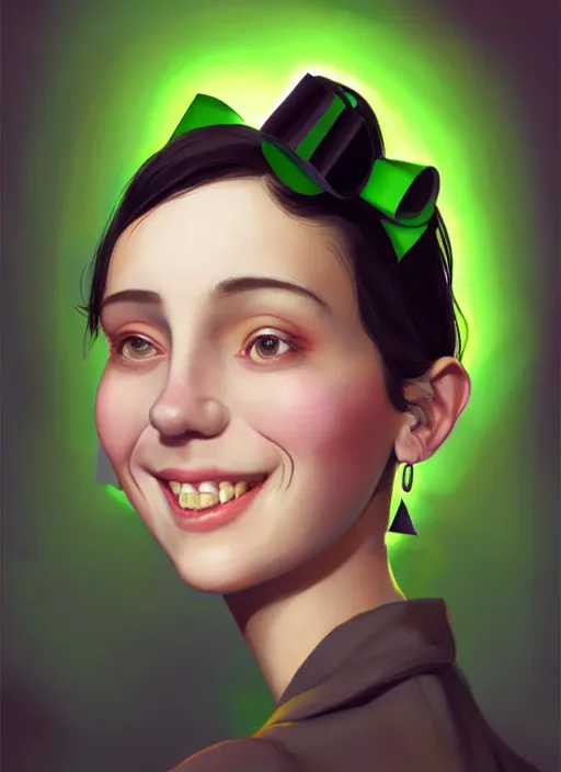 Image similar to portrait of high school girl, realistic, black hair, bangs, half updo hairstyle, pointy nose, skinny, smile, ugly, defined jawline, big chin, green hair bow, earrings, intricate, elegant, glowing lights, highly detailed, digital painting, artstation, sharp focus, illustration, art by wlop, mars ravelo and greg rutkowski