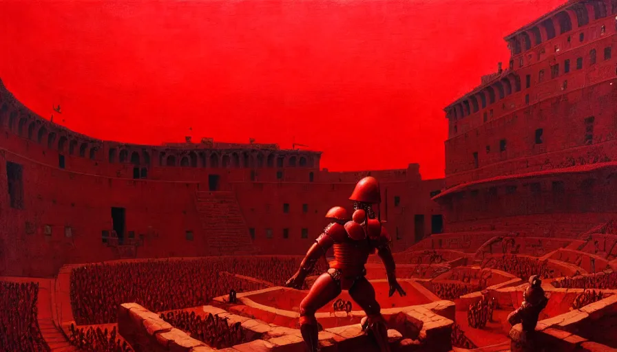 Image similar to only with red, a lightly armored gladiator in a crowded roman amphitheatre, crowd cheering, in the style of beksinski and edward hopper and rodcenko and yue minjun and cory loftis, intricate and epic composition, red by caravaggio, highly detailed, masterpiece, red light, artstation, art nouveau