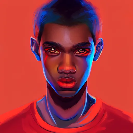 Image similar to colorful and festive captivating teenager with straight brown hair covering his eye, dark skin, big lips, wearing a red t - shirt. rich vivid colors, ambient lighting, dynamic lighting, 4 k, atmospheric lighting, painted, intricate, highly detailed by charlie bowater