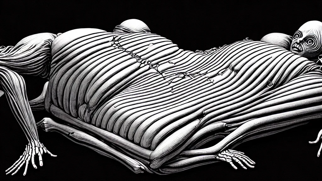 Image similar to comfortable bed that makes me want to sleep, hyperdetailed, artstation, cgsociety, style of Giger, H. R. GIGER, style of Junji Ito, 4K, highly detailed, minimalistic, minimalistic, minimalistic, fine tuned, machina