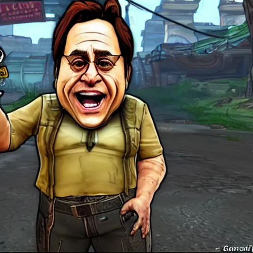 Image similar to a screenshot of danny devito in the video game borderlands 2. 3 d rendering, unreal engine. amazing likeness. very detailed. cartoon caricature