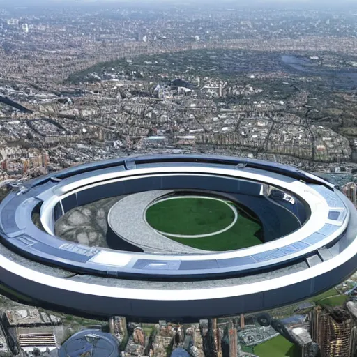 Prompt: The Apple Parc as a giant ring-shaped space station encircling a modern city floating above the city, the ring is horizontal, surrounding the city, cinematic