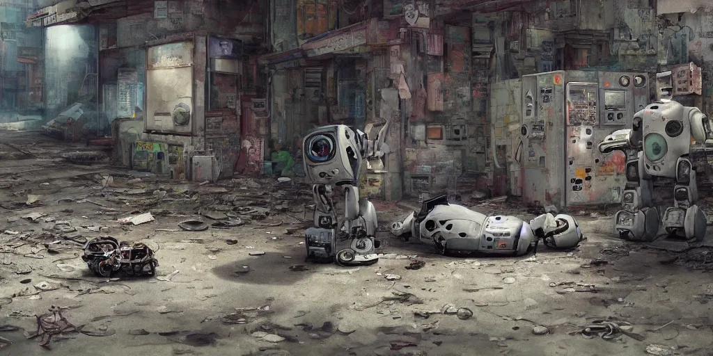 Image similar to a broken robot lying in a deserted junk town, watercolor, ghost in the shell, soft bloom lighting, paper texture, bright sun bleached ground, vending machine, robot lurks in the background, koji morimoto, katsuya terada, genius party, animatronic, black smoke, pale, beige sky pencil marks, hd, 4k, remaster, dynamic camera angle, fish eye, dynamic scene