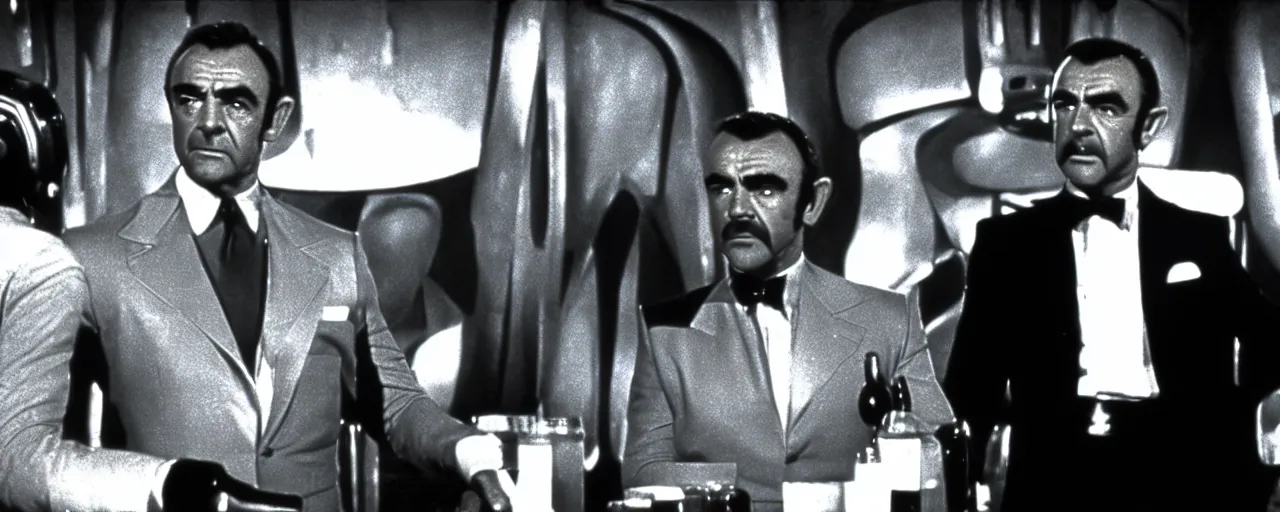 Prompt: a film still of Sean Connery as James Bond arguing with aliens in the cantina bar in Star Wars 1977 high quality .
