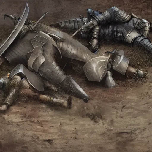 Prompt: art of a medieval knight from the back in full growth, in the middle of a lonely battlefield, the corpses of other knights lie everywhere, 4K, high detail