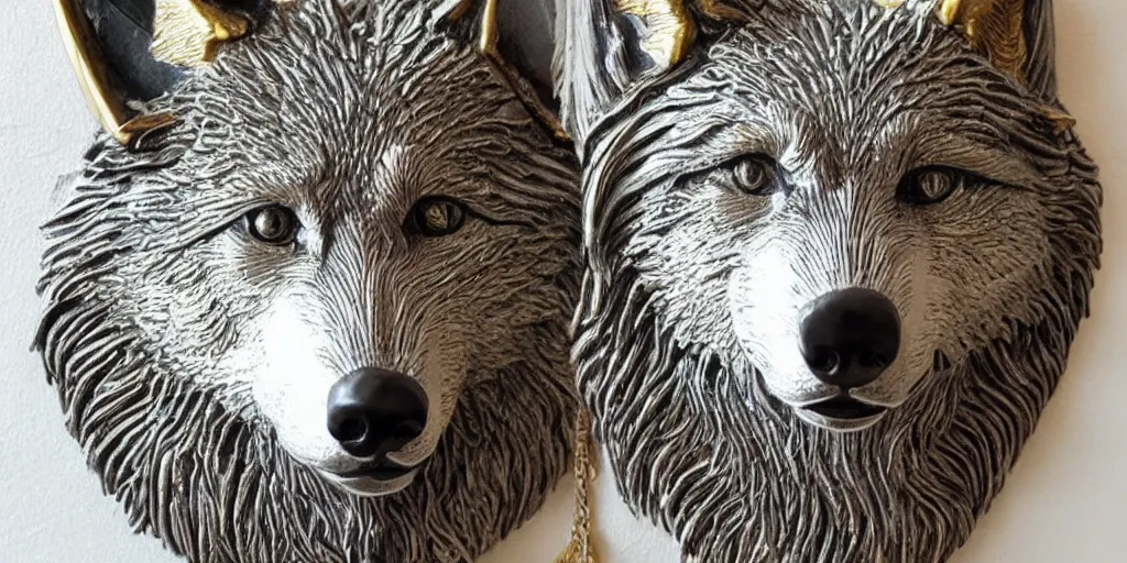 Image similar to gorgeous wolf statue portrait with gold filigree