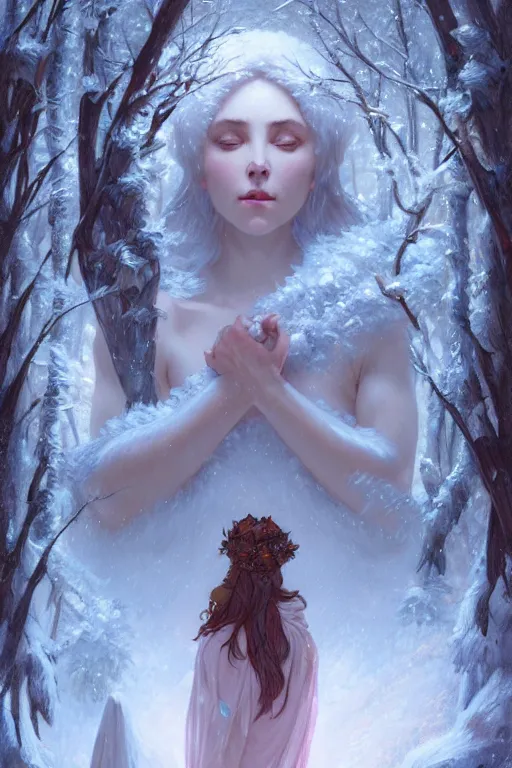 Image similar to goddess of winter night, only two hands, highly detailed, digital painting, artstation, concept art, smooth, sharp focus, illustration, unreal engine 5, 8 k, art by artgerm and greg rutkowski and edgar maxence and alphonse mucha