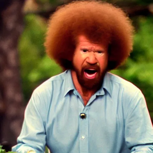 Image similar to angry bob ross screaming at laptop