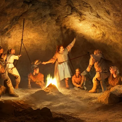 Image similar to medieval people dancing in a cave, there are many many minerals and crystals on the ground and a campfire, matte painting, 4k, very detailed