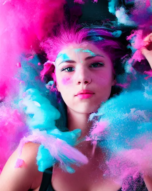 Prompt: a dramatic backlight lighting photo of a beautiful young woman with cotton candy hair. paint splashes. with a little bit of cyan and pink