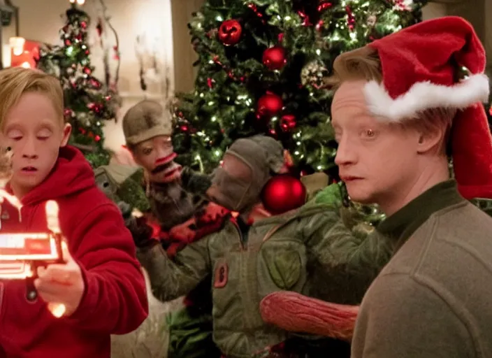 Image similar to the movie the predator starring macaulay culkin kevin mcallister home alone living room christmas vfx film